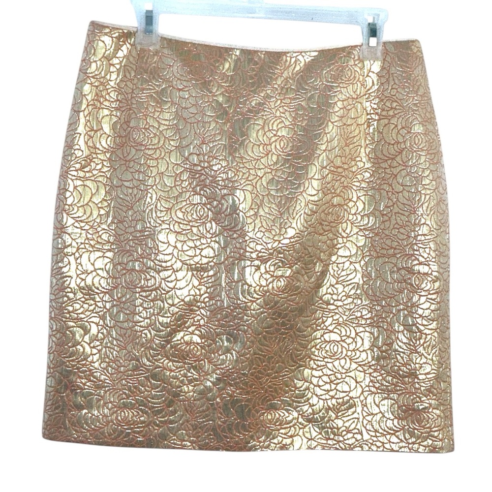 H&M Party Skirt Shimmering Gold Peach Patterned Floral Back Metal Zipper Size 12 - Picture 2 of 16